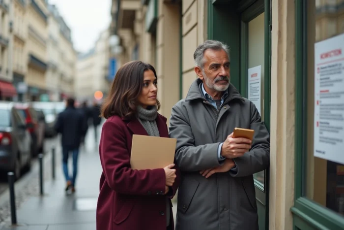 Couple devant un office HLM parisien consultant des annonces de logement social