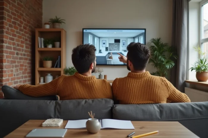 Couple planifiant un projet habitat en consultant un site de guides sur un téléviseur dans leur salon
