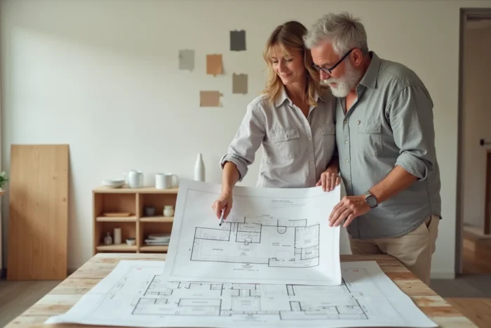 Couple examinant des plans de rénovation sur une table en bois dans un salon en travaux, avec des échantillons de peinture au mur et une bibliothèque en cours d'assemblage