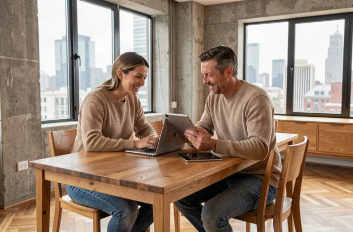 Couple consultant des annonces immobilières sur ordinateur dans un appartement rénové, marché immobilier 2024