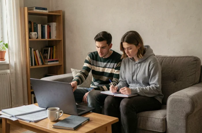 Couple consultant des informations sur le RSA et les aides sociales sur un ordinateur portable dans un salon modeste
