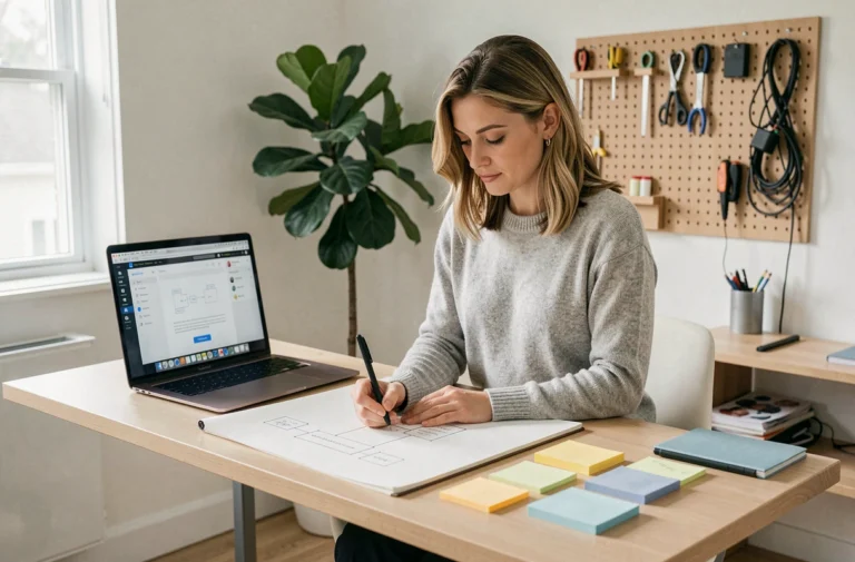 Femme créant le wireframe de son site web professionnel dans un bureau moderne avec un MacBook Pro et des notes de conception