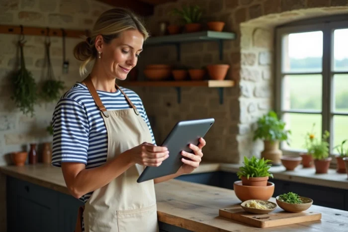 Femme tenant une tablette affichant le site Jolie Breizh dans une cuisine bretonne traditionnelle en pierre
