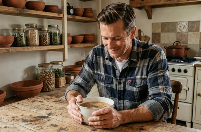 Homme attablé dans une cuisine rustique française tenant un bol de soupe chaude, ambiance chaleureuse et authentique