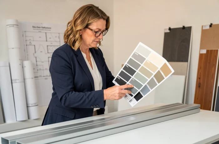 Designer d'intérieur comparant le nuancier RAL 9006 avec un profil aluminium dans un studio de conception architectural