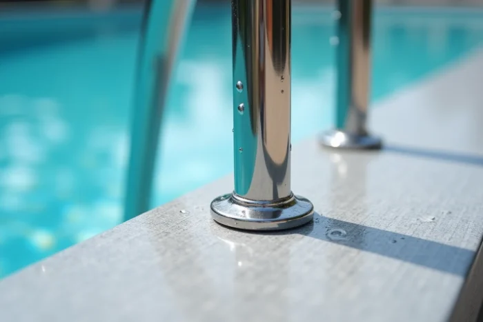 Gros plan sur le rail de guidage en inox fixé sur la margelle d'une piscine résidentielle moderne