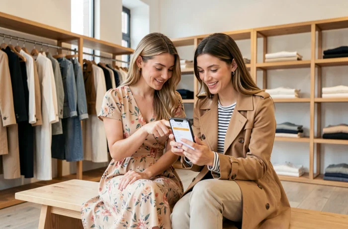 Deux femmes découvrant ensemble les rubriques d'un site de mode sur smartphone dans une boutique tendance