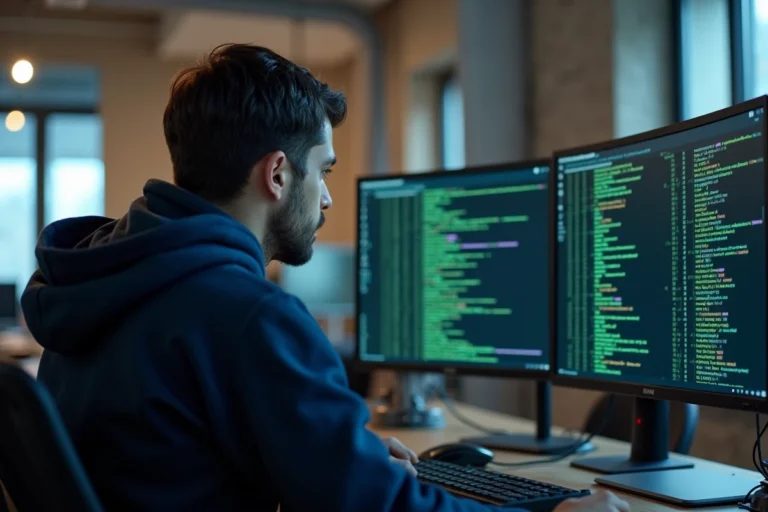 Développeur Linux concentré devant un terminal en ligne de commande dans un bureau technologique moderne
