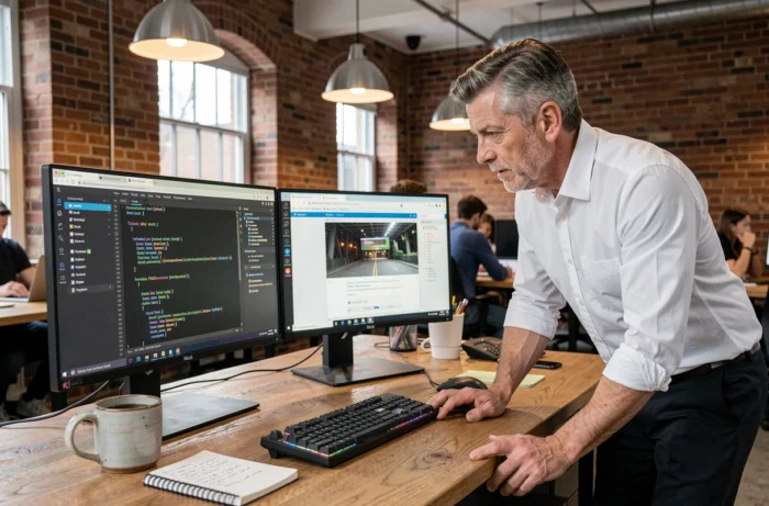 Développeur web masculin travaillant sur le code HTML CSS d'un site professionnel avec double écran dans un bureau moderne
