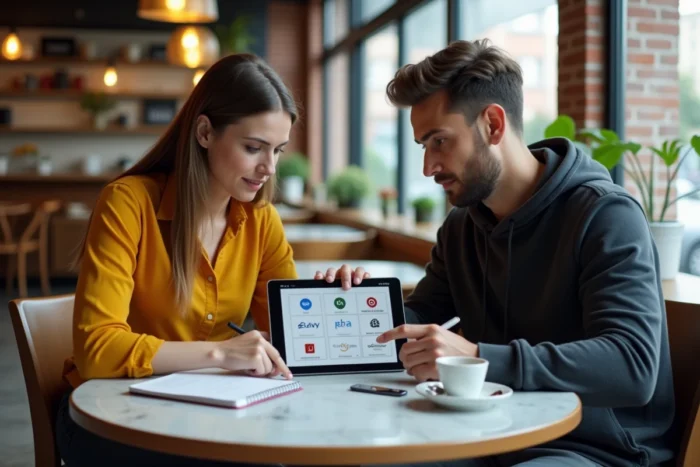 Deux collègues discutant des meilleures alternatives à un service en ligne autour d'une tablette dans un café