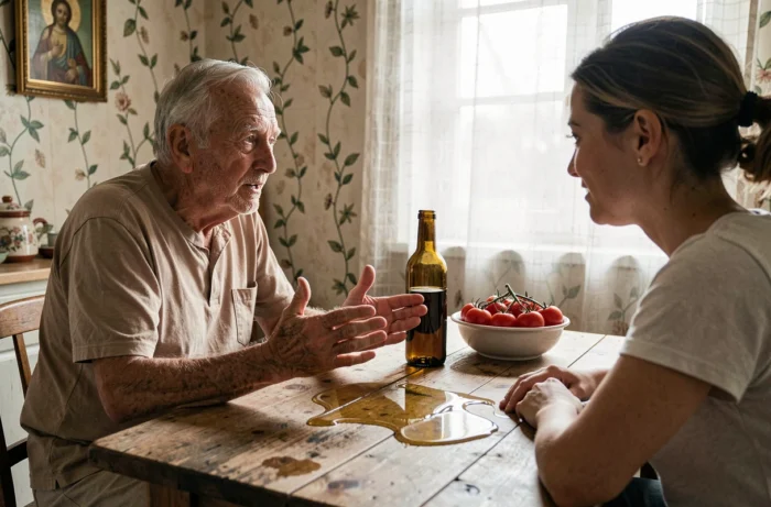 Homme âgé et femme discutant autour d'une table avec de l'huile renversée, traditions et superstitions méditerranéennes