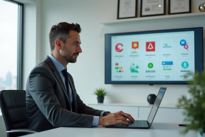 Entrepreneur en costume charbon travaillant sur une présentation d'identité de marque dans un bureau professionnel épuré