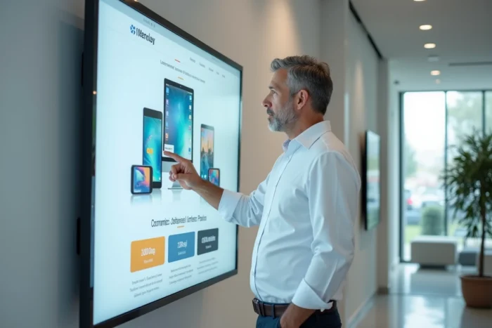 Entrepreneur présentant une interface web responsive sur un écran interactif dans un showroom moderne