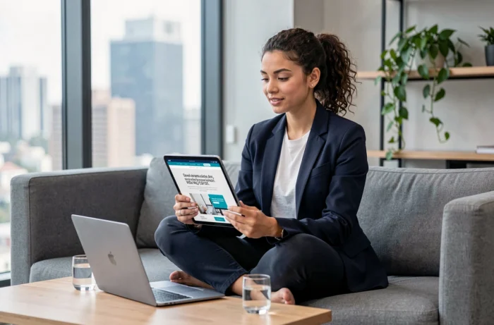 Jeune femme entrepreneur consultant la maquette de son site web professionnel sur tablette dans un espace de coworking