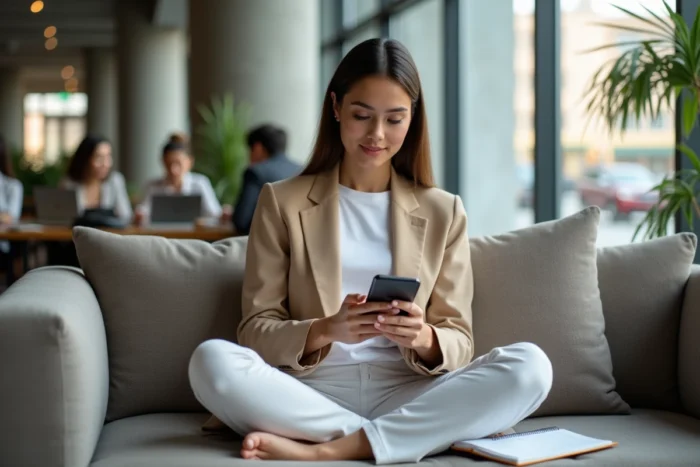 Jeune entrepreneuse consultant un annuaire alternatif sur smartphone dans un espace de coworking