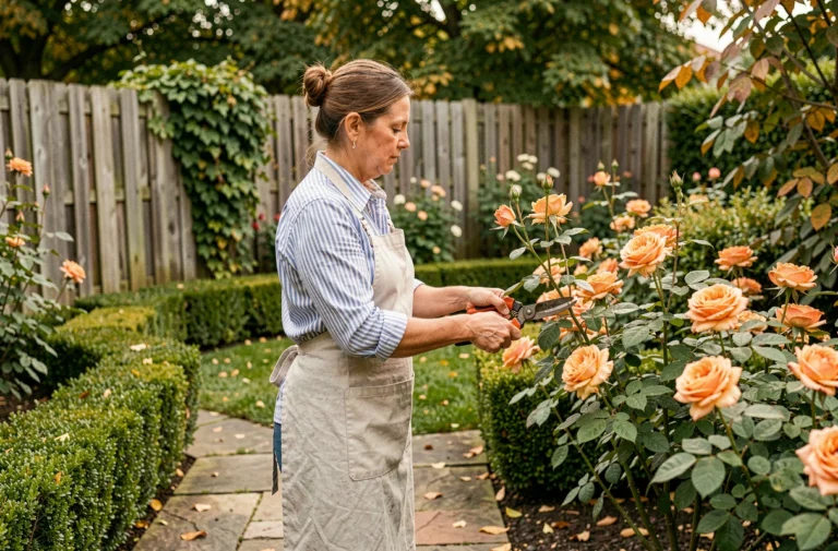 Femme entretenant ses rosiers dans un jardin soigné en automne, conseils jardinage maison