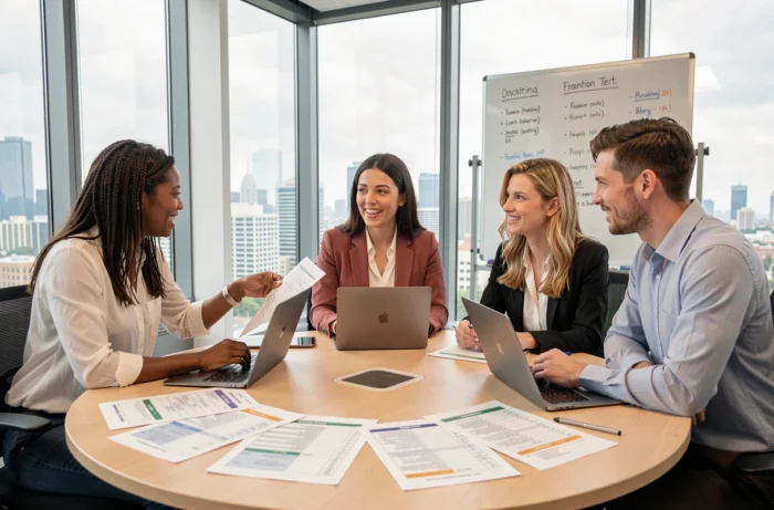 Équipe de professionnels discutant des options de formation professionnelle pour améliorer leurs compétences et carrières en 2024