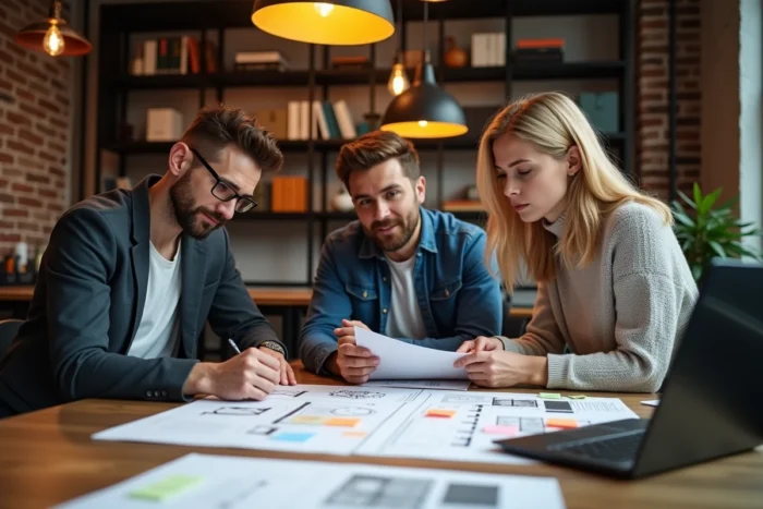 Équipe de professionnels collaborant sur des solutions web innovantes autour d'une table de réunion créative