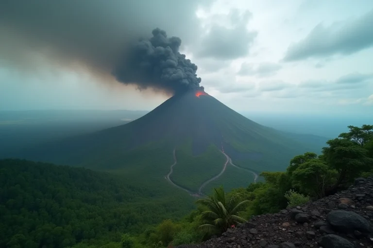 Vue panoramique du volcan Nyiragongo en éruption avec une colonne de fumée noire s'élevant au-dessus de la forêt tropicale congolaise