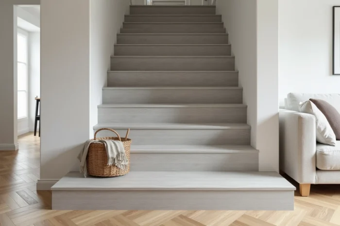 Escalier recouvert de lames vinyle LVT gris clair dans un salon de style scandinave avec décoration naturelle