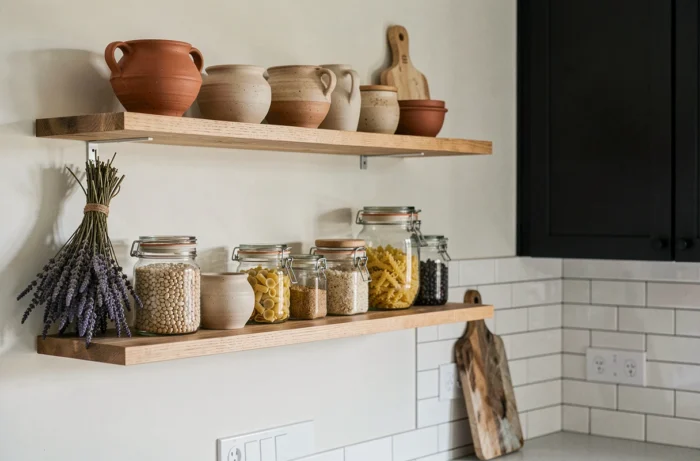 Étagères de cuisine ouvertes décorées avec de la poterie artisanale, des bocaux en verre et de la lavande séchée dans une cuisine moderne au style chaleureux