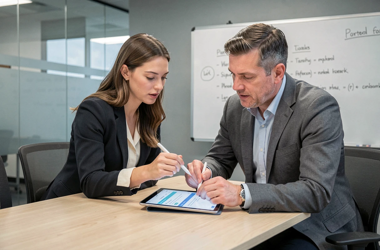 Deux collègues consultant ensemble les étapes d'authentification de la plateforme PIA Grenoble sur une tablette en salle de réunion