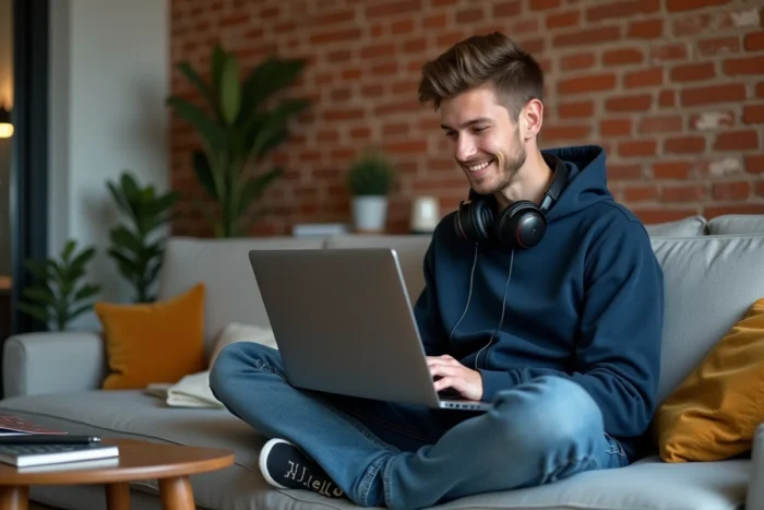 Étudiant écoutant un fichier audio converti depuis YouTube sur son ordinateur portable dans un appartement décontracté