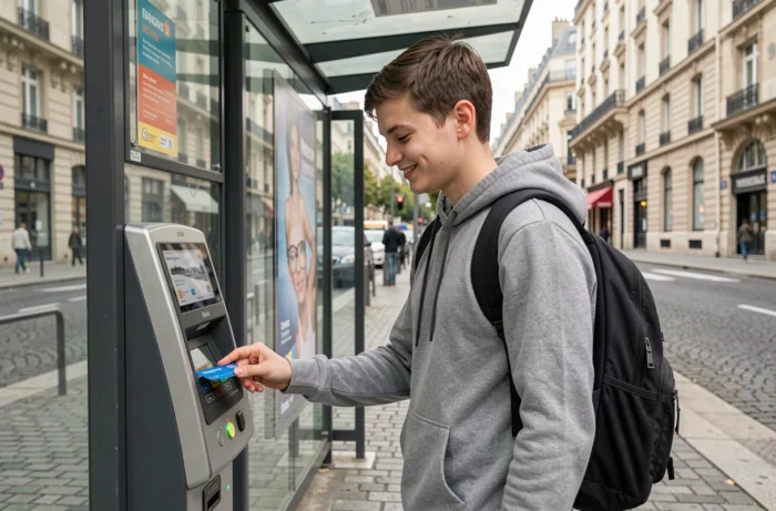 Étudiant validant sa carte Navigo à un arrêt de bus parisien pour bénéficier du tarif réduit transport en commun