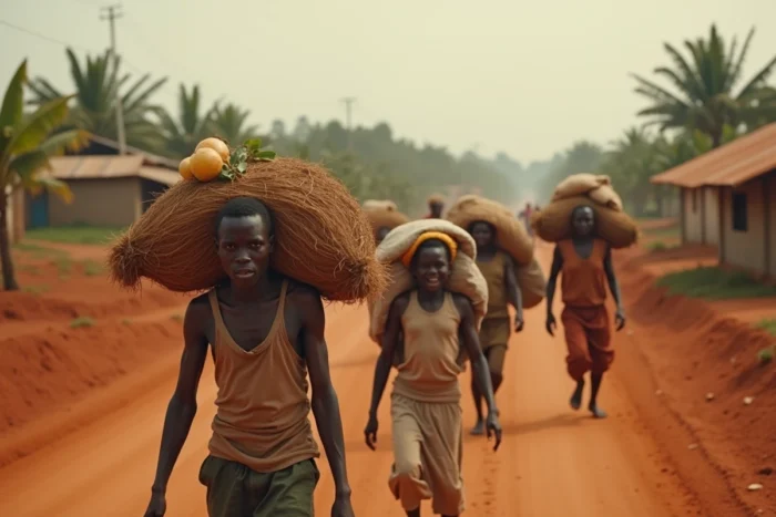 Des habitants congolais évacuant leurs foyers lors de l'éruption du Nyiragongo, portant leurs affaires sur une route de terre rouge