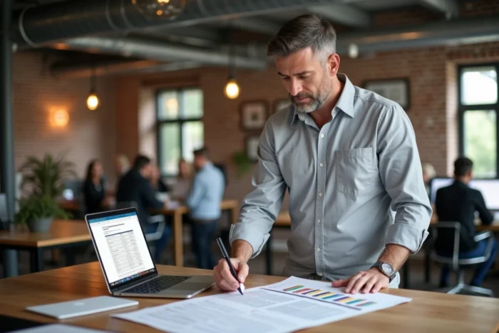 Professionnel évaluant des alternatives à une plateforme numérique dans un espace de coworking moderne