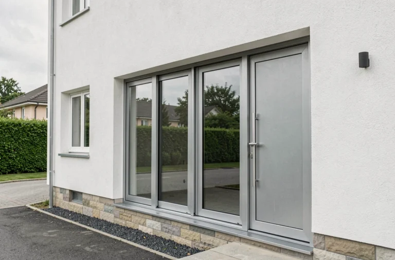 Façade de maison moderne avec menuiseries aluminium RAL 9006 gris argent mat, fenêtres coulissantes et porte d'entrée assortie