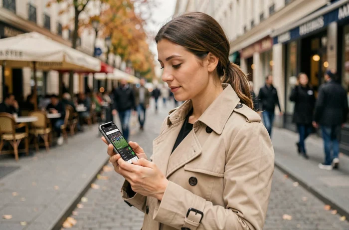 Femme consultant l'actualité sportive en temps réel sur son smartphone dans la rue en ville