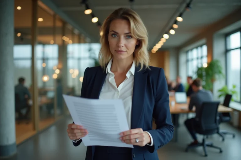 Femme d'affaires en blazer marine analysant une stratégie de communication sur-mesure dans un bureau moderne à aire ouverte