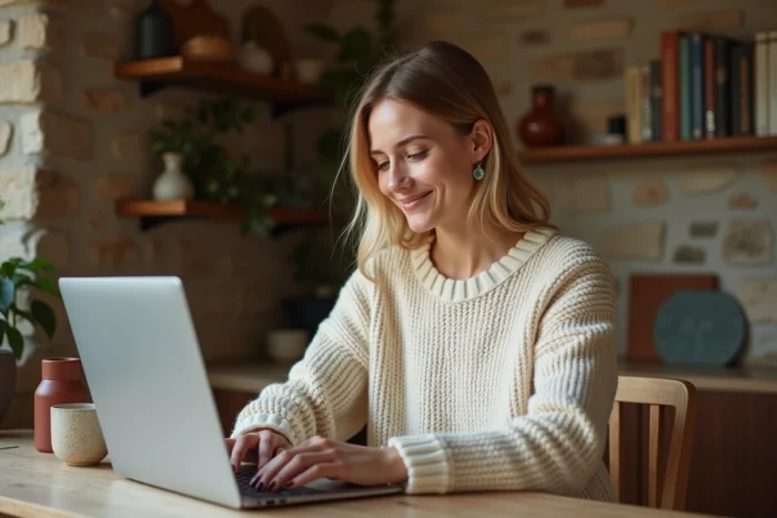 Femme bretonne parcourant le site Jolie Breizh sur un ordinateur portable dans un bureau décoré à l'esprit breton