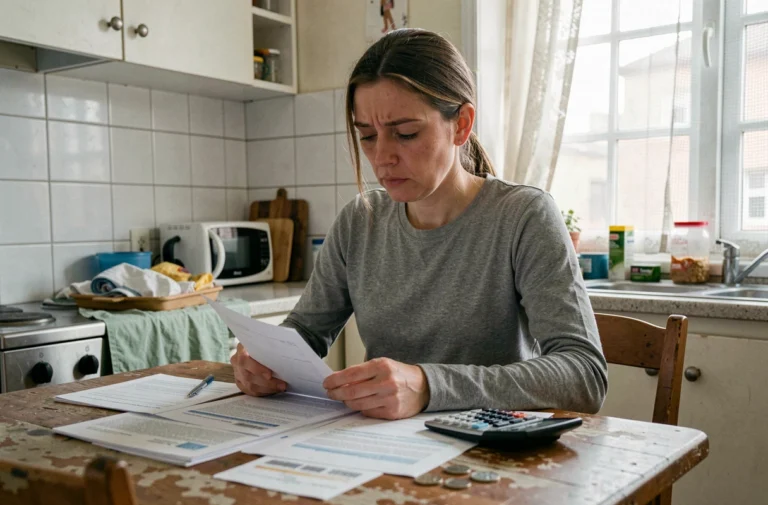 Femme consultant des documents administratifs et des factures à une table de cuisine modeste, illustrant la gestion d'un budget serré avec le RSA
