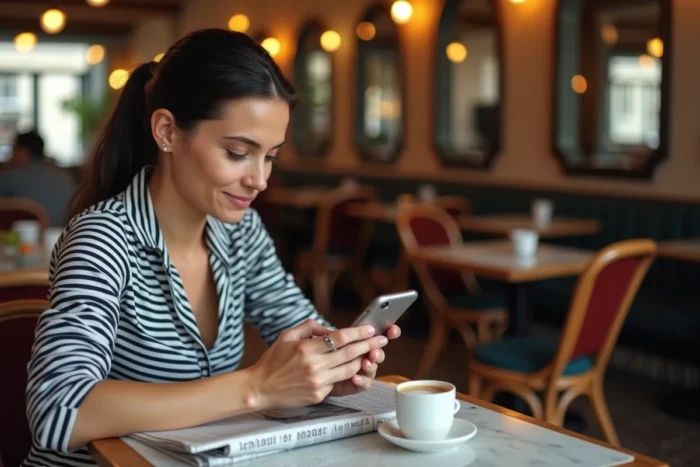 Jeune femme française lisant l'actualité sur son téléphone dans un café parisien