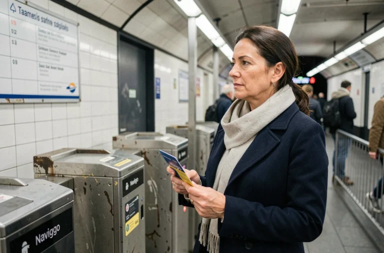 Femme tenant une carte Navigo devant les portiques du métro parisien, illustrant les conditions d'éligibilité au tarif réduit Navigo