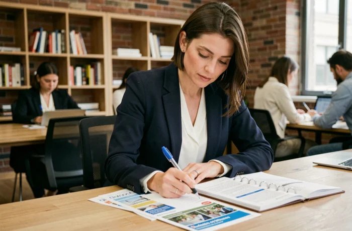 Femme professionnelle choisissant une formation professionnelle adaptée à sa carrière dans un espace de coworking moderne