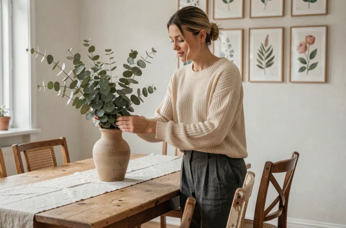 Femme arrangeant des branches d'eucalyptus dans un vase en grès sur une table en chêne dans une salle à manger de style scandinave
