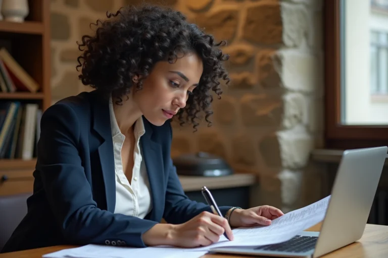 Femme consultant sa demande de logement social sur un ordinateur portable dans un appartement parisien
