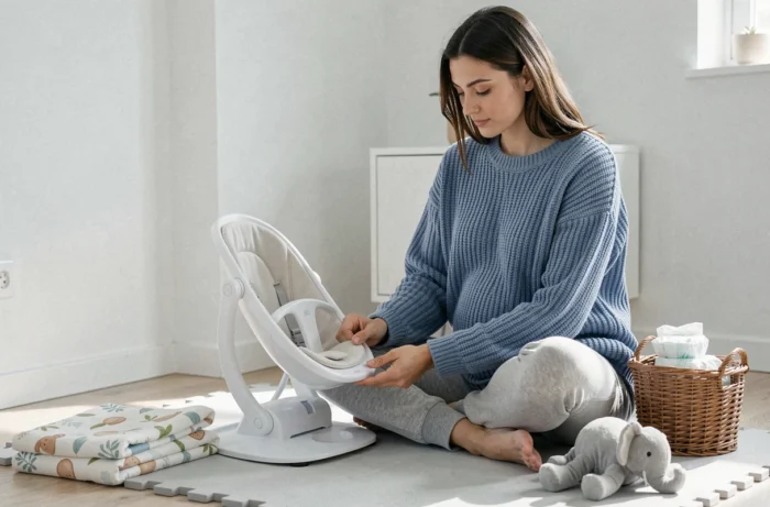Femme enceinte en pull en maille qui assemble un transat bébé entourée d'accessoires essentiels pour la maternité
