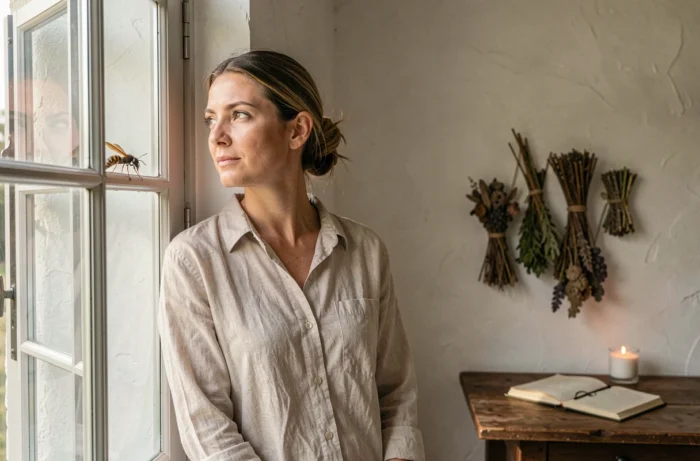Femme contemplative observant un frelon sur la vitre d'une fenêtre, moment de réflexion spirituelle dans un intérieur naturel