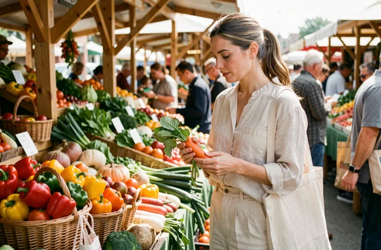 Femme choisissant des légumes frais sur un marché local, adoptant un mode de vie sain et éthique