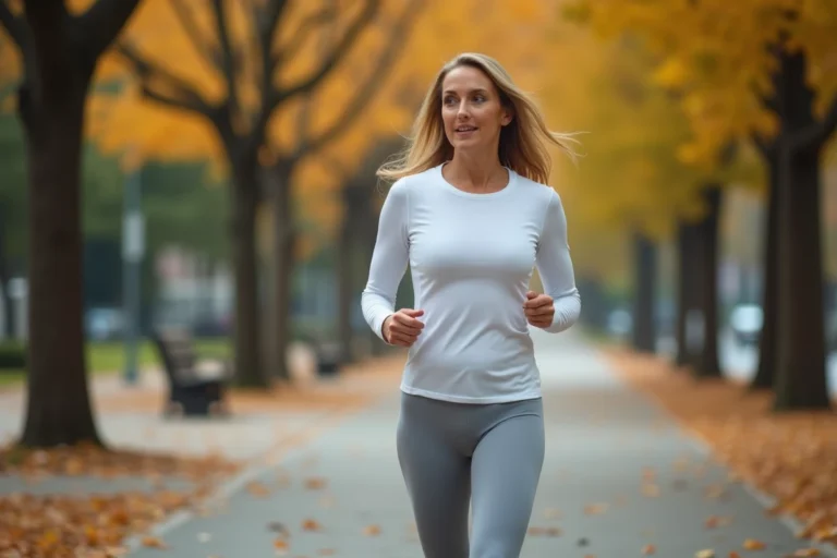 Femme de 40 ans marchant rapidement sur un trottoir urbain entouré d'arbres aux couleurs d'automne, illustrant une marche quotidienne active