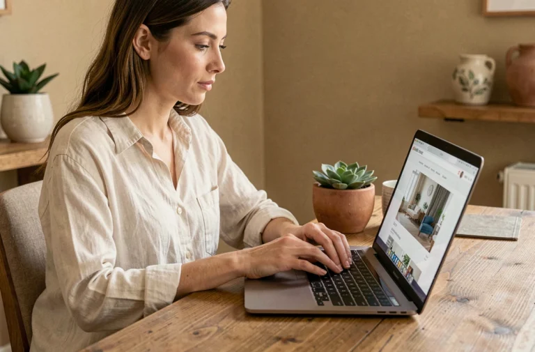 Femme naviguant sur le plan du site d'une boutique déco en ligne depuis son bureau à domicile