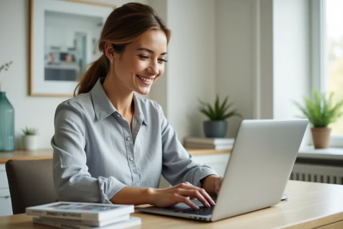 Femme naviguant sur un site de guide habitat sur son ordinateur portable dans un bureau à domicile organisé