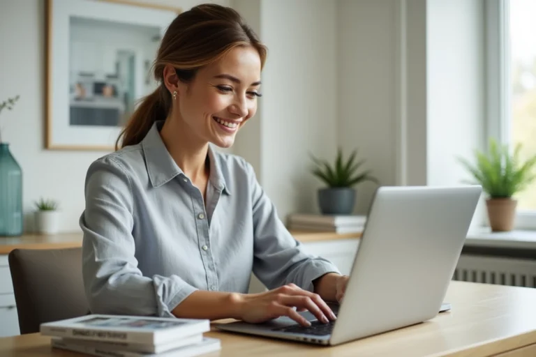 Femme naviguant sur un site de guide habitat sur son ordinateur portable dans un bureau à domicile organisé