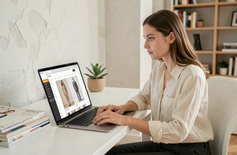 Jeune femme naviguant sur un site de mode depuis son ordinateur portable dans un bureau moderne et épuré