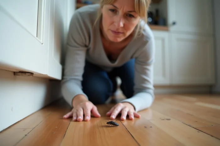 Femme observant un poisson d'argent sur le sol de sa cuisine, illustrant la cohabitation avec les insectes domestiques