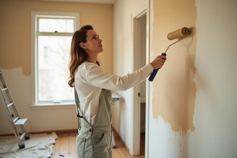 Femme en train de peindre un mur de salon en beige avec un rouleau, en combinaison de travail tachée de peinture, lors de travaux de rénovation intérieure
